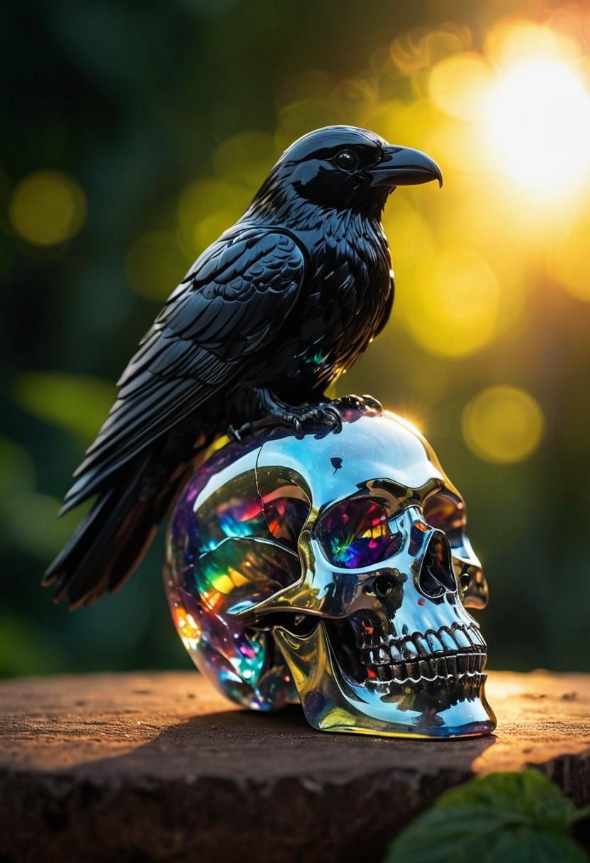 Onyx Crow Figurine on Rainbow Crystal Skull