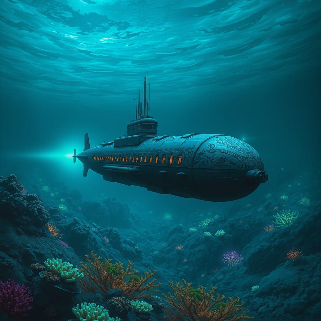Submarine Glides Through Bioluminescent Alien Ocean