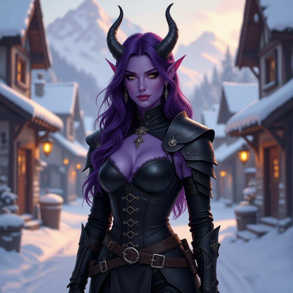 Tiefling Warrior in Snowy Village, Romantic Fantasy Art