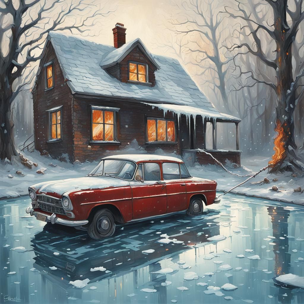 Icy Spring: Burning Car in Old House