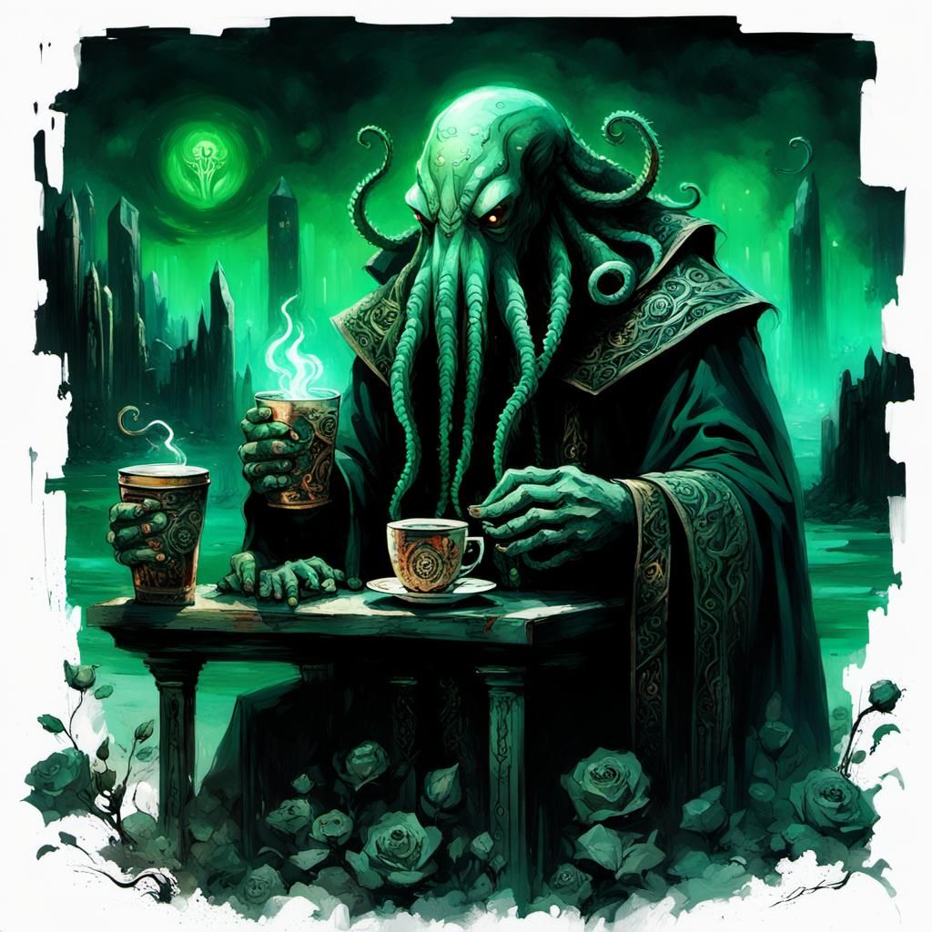 Cthulhu God Sipping Coffee: Gothic Horror Art