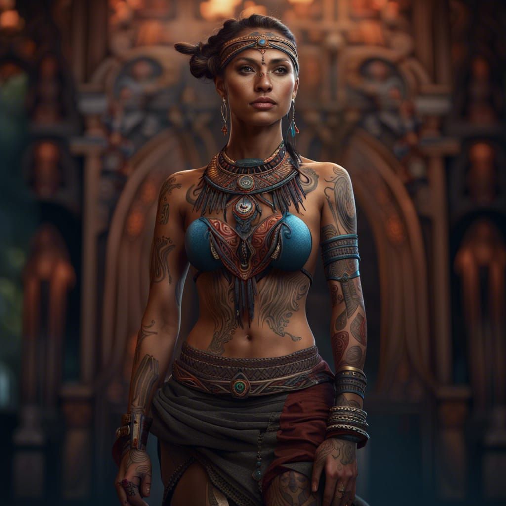 Woman with Tribal Tattoos: Detailed Matte Painting