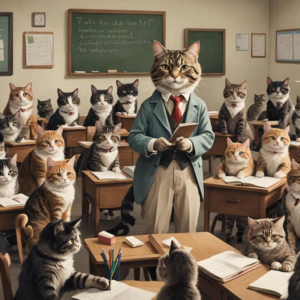 Anthropomorphic Cat Teacher Leading Feline Class