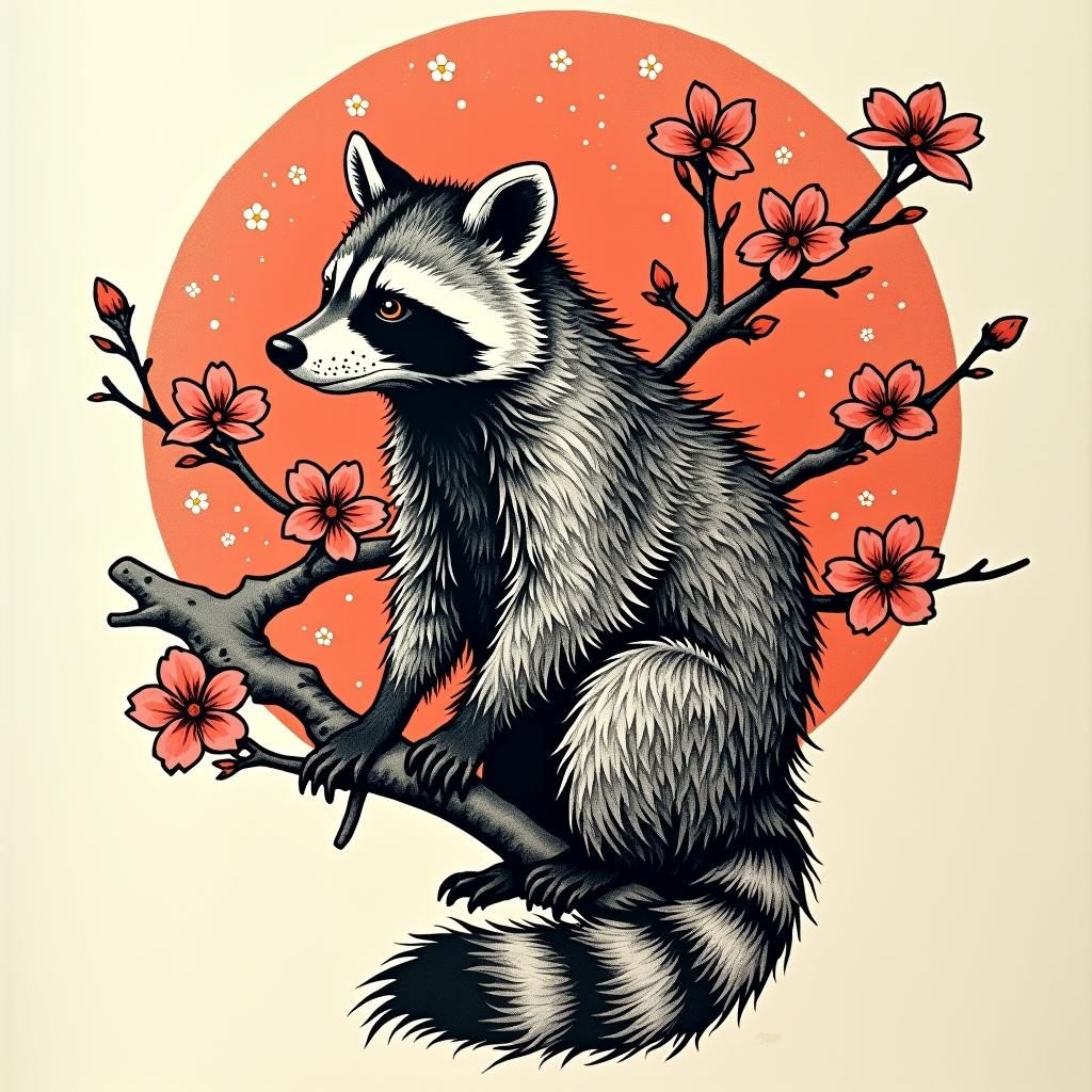 wood engraving inspired Tattoo. raccoon surrounded by cherry...