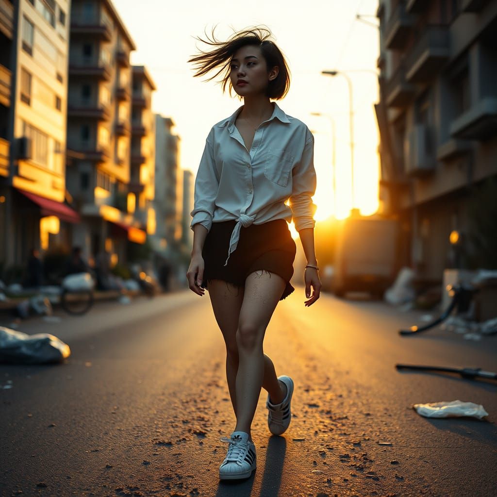 Woman Walks a Grungy City Street: Cinematic Style