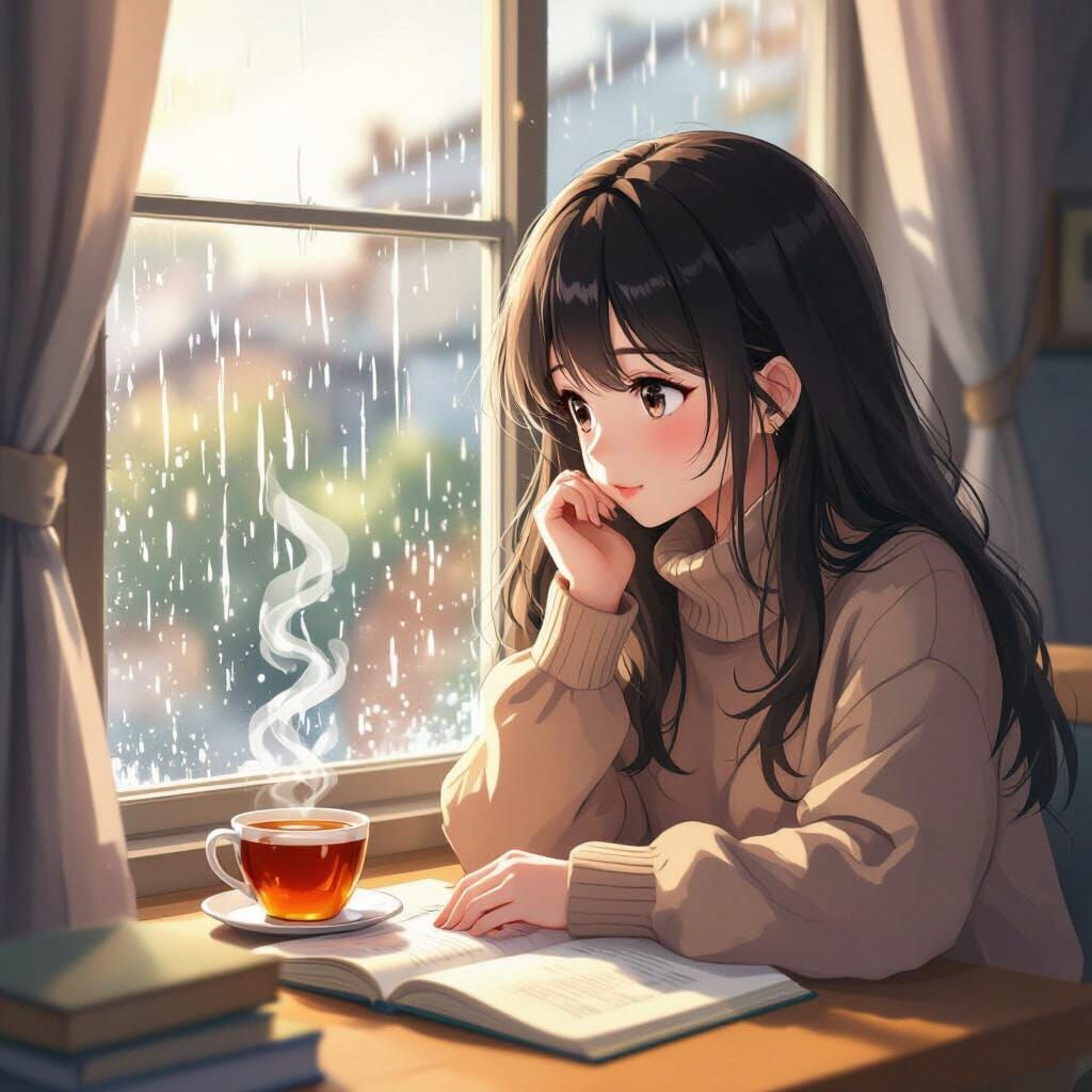 Anime Girl Studying by Rainy Window in Golden Hour Light