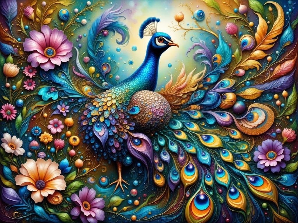 Ethereal Peacock Amidst Whimsical Bloom