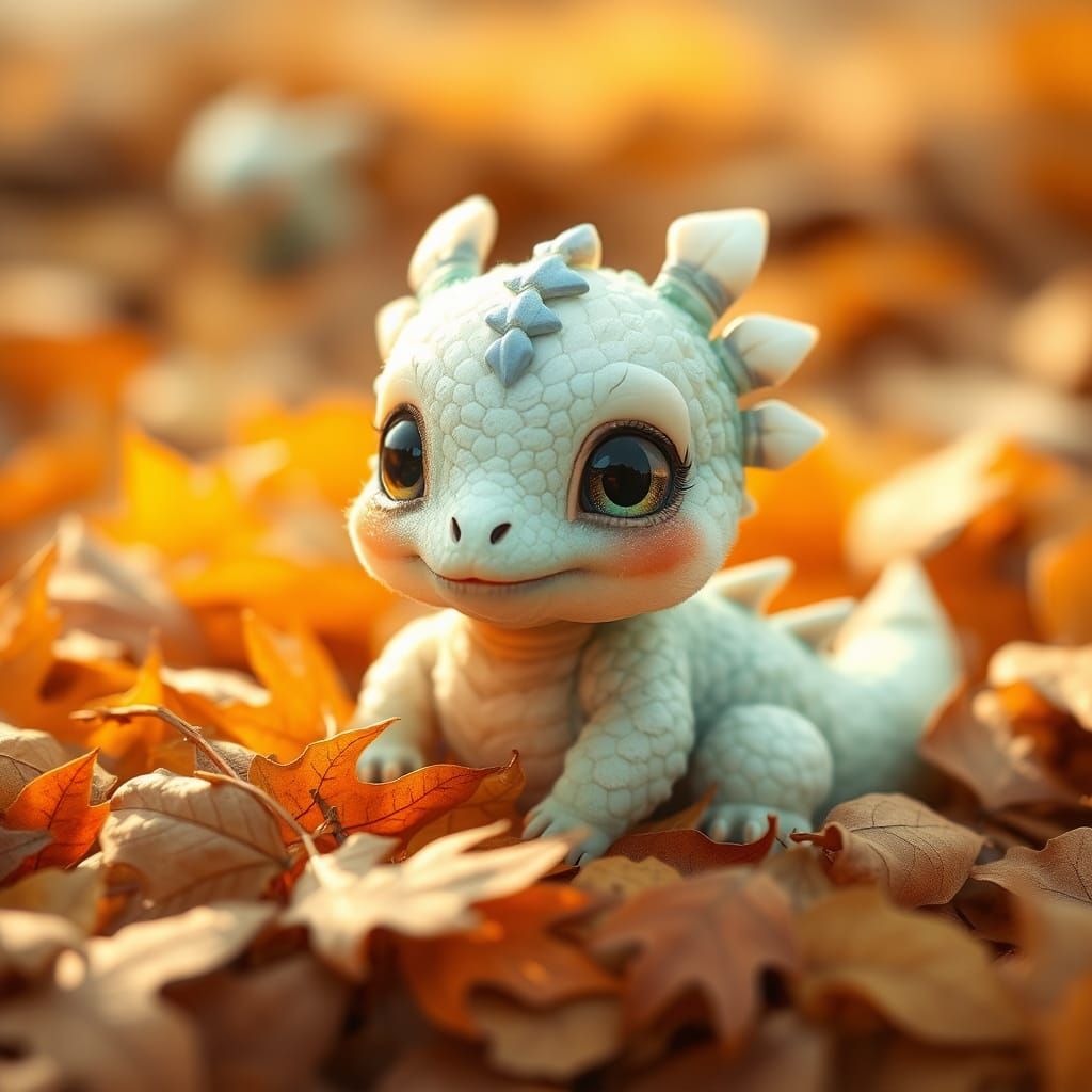 Adorable Dragon Hatchling in Autumn Leaves