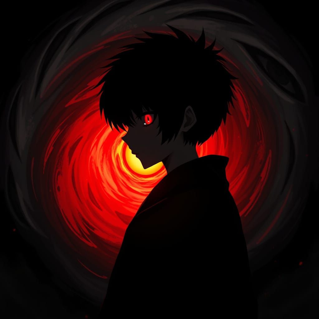 Silhouette in Vortex of Eyes: Anime-Inspired Art