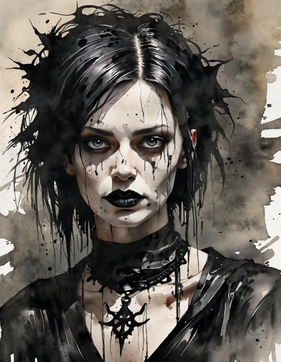 Sinister Gothic Woman in Watercolour Style
