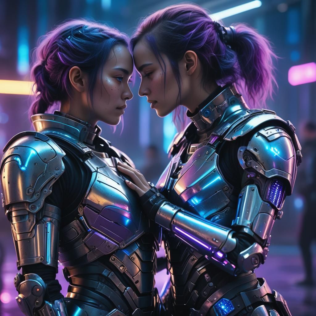 Armored Women Embrace in Neon Cyberpunk Cityscape