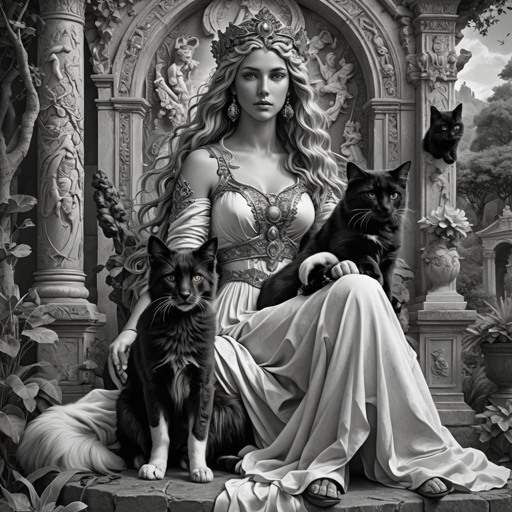 Aphrodite with Cat and Puppy Coloring Page