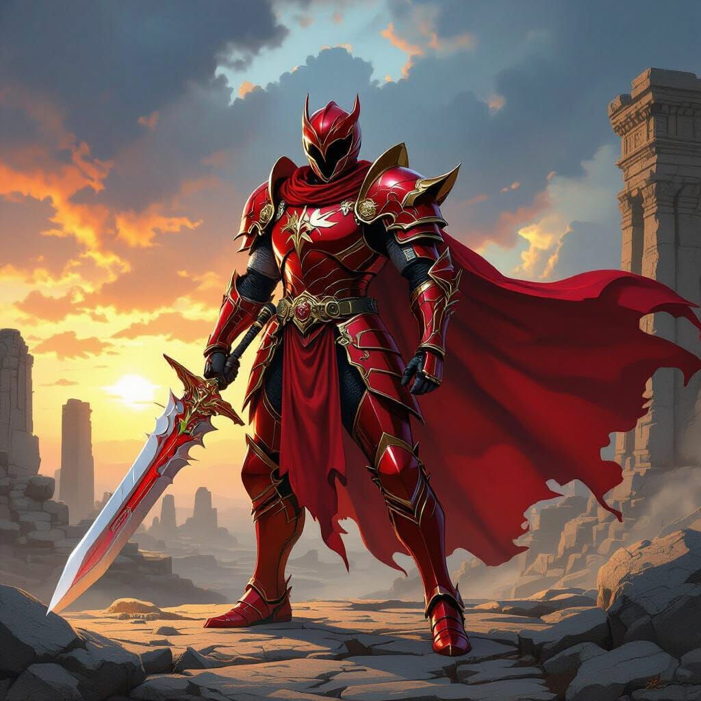 Red Ranger with Shark Sword in Epic Fantasy Art Style