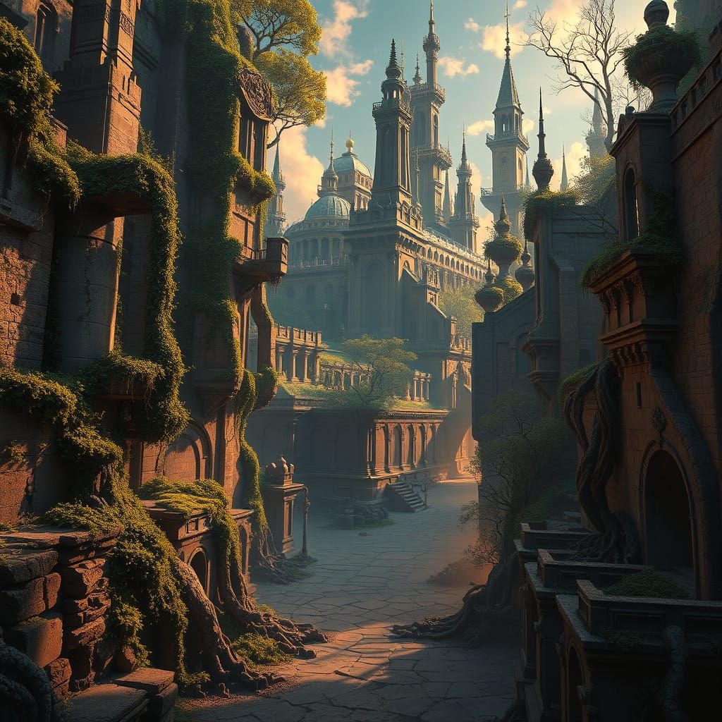 Ancient Metropolis Reborn by Nature in Vibrant Golden Light