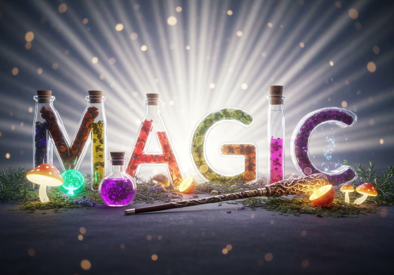 Magic Potions with Glowing Mushrooms in Hypermaximalist Styl...