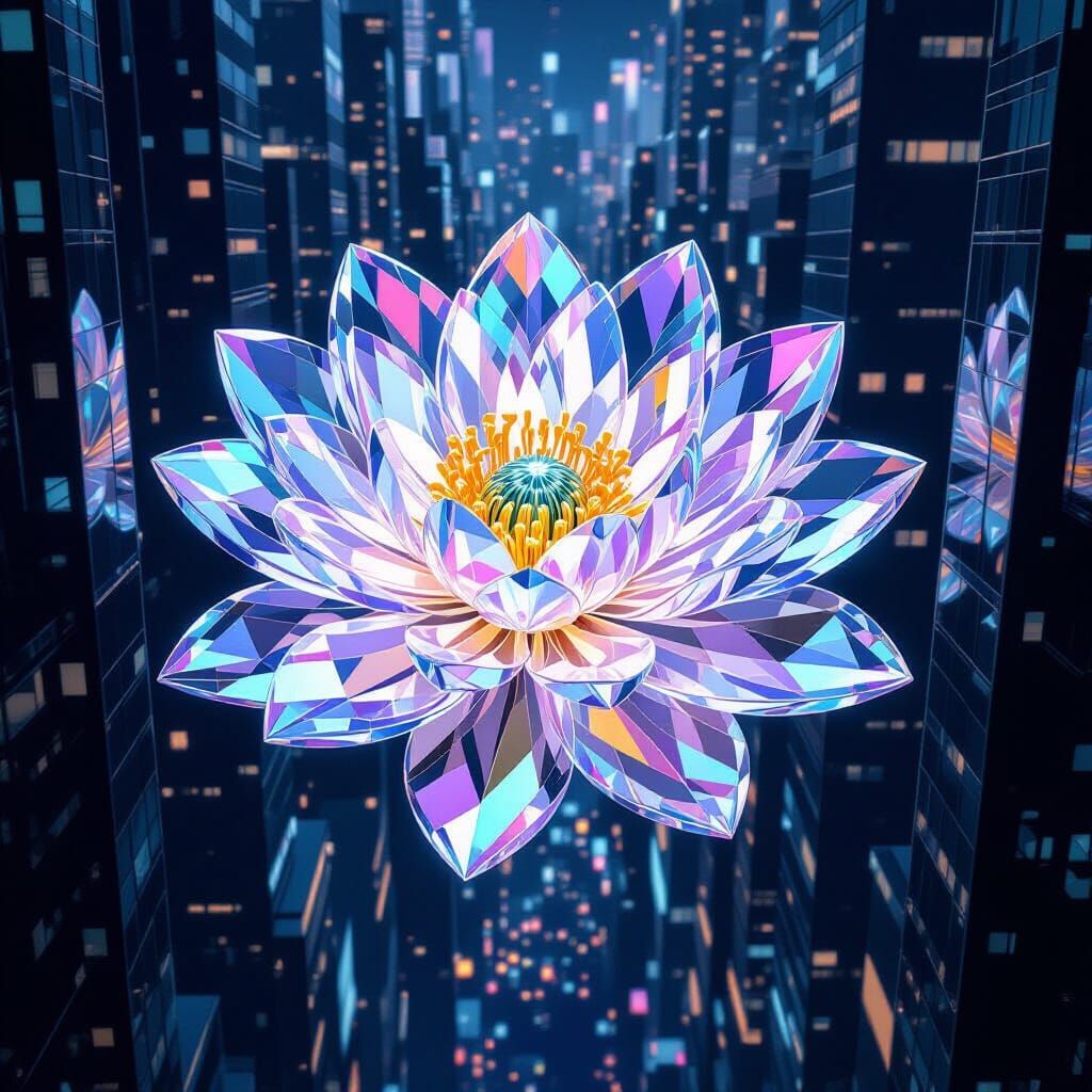 Sentient Crystalline Flower Over Futuristic City