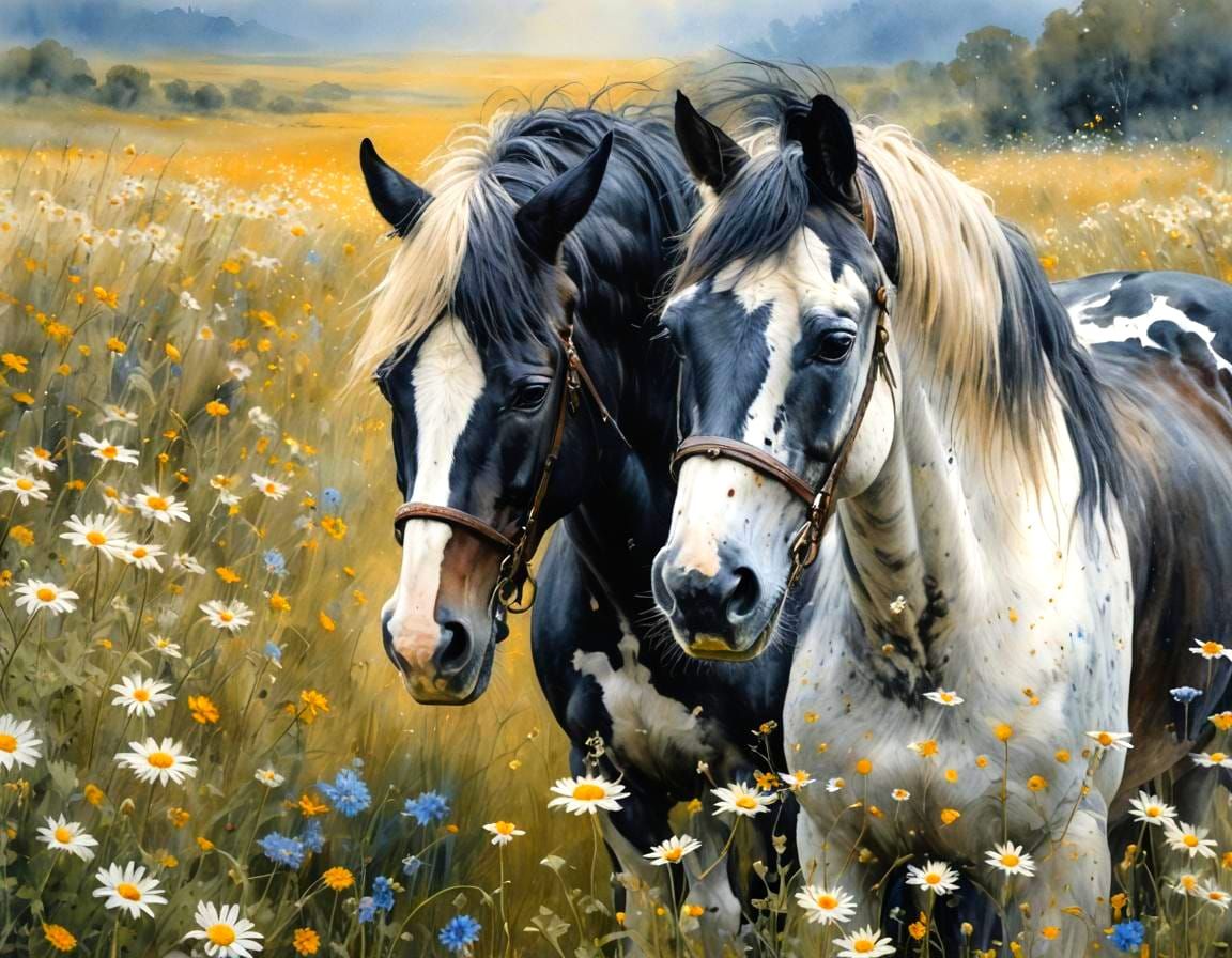 Pinto Draft Horse in Daisy Meadow: Matte Painting