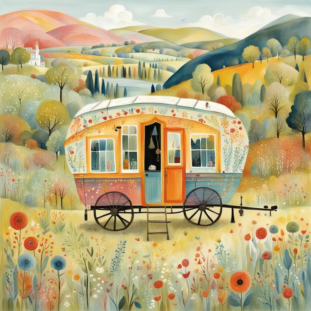 Colorful Gypsy Wagon in Whimsical Landscape