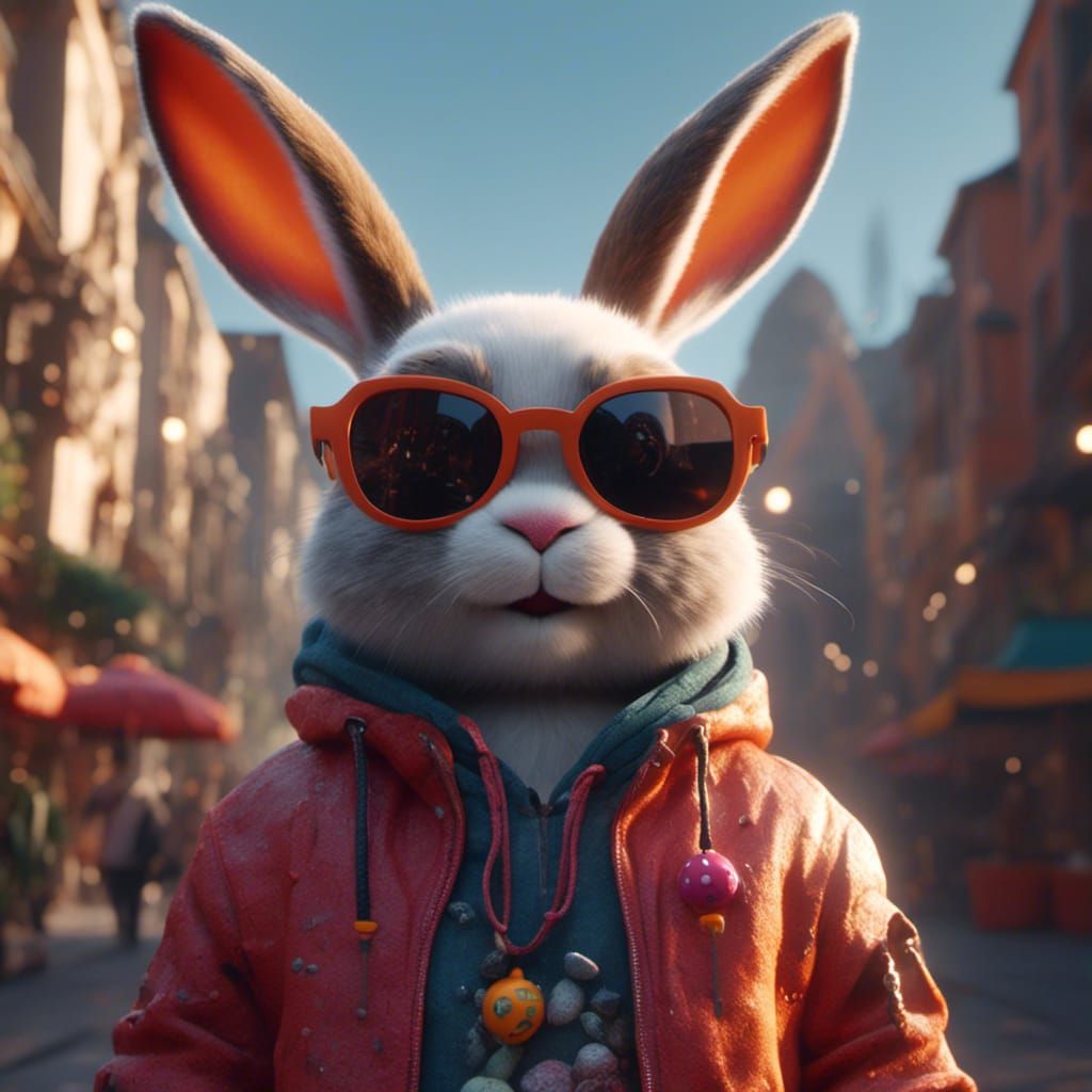 Bunny in Hoodie and Sunblock Glasses: Detailed Matte Paintin...
