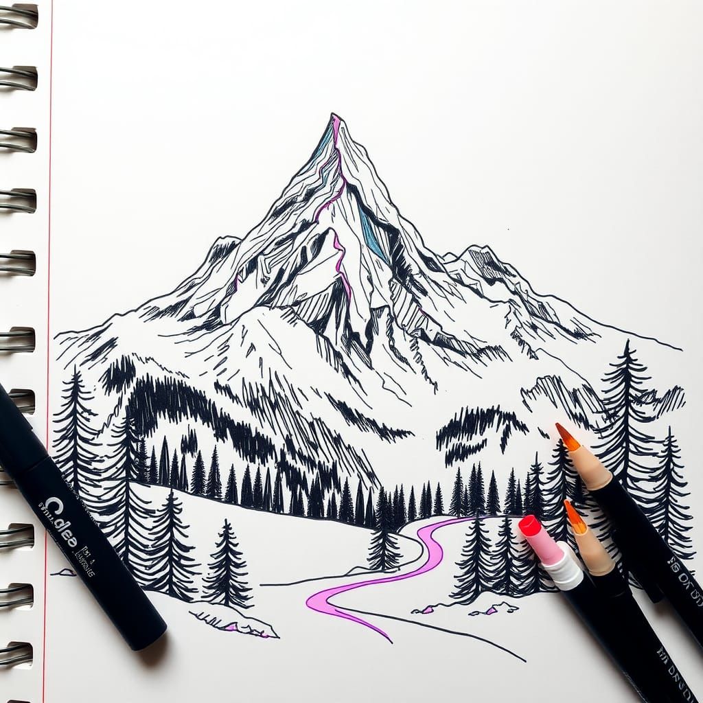 Neon Marker Sketch of Alpine View