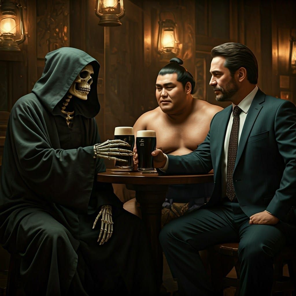 Grim Reaper, Sumo, and Broker Share Stout in Pub