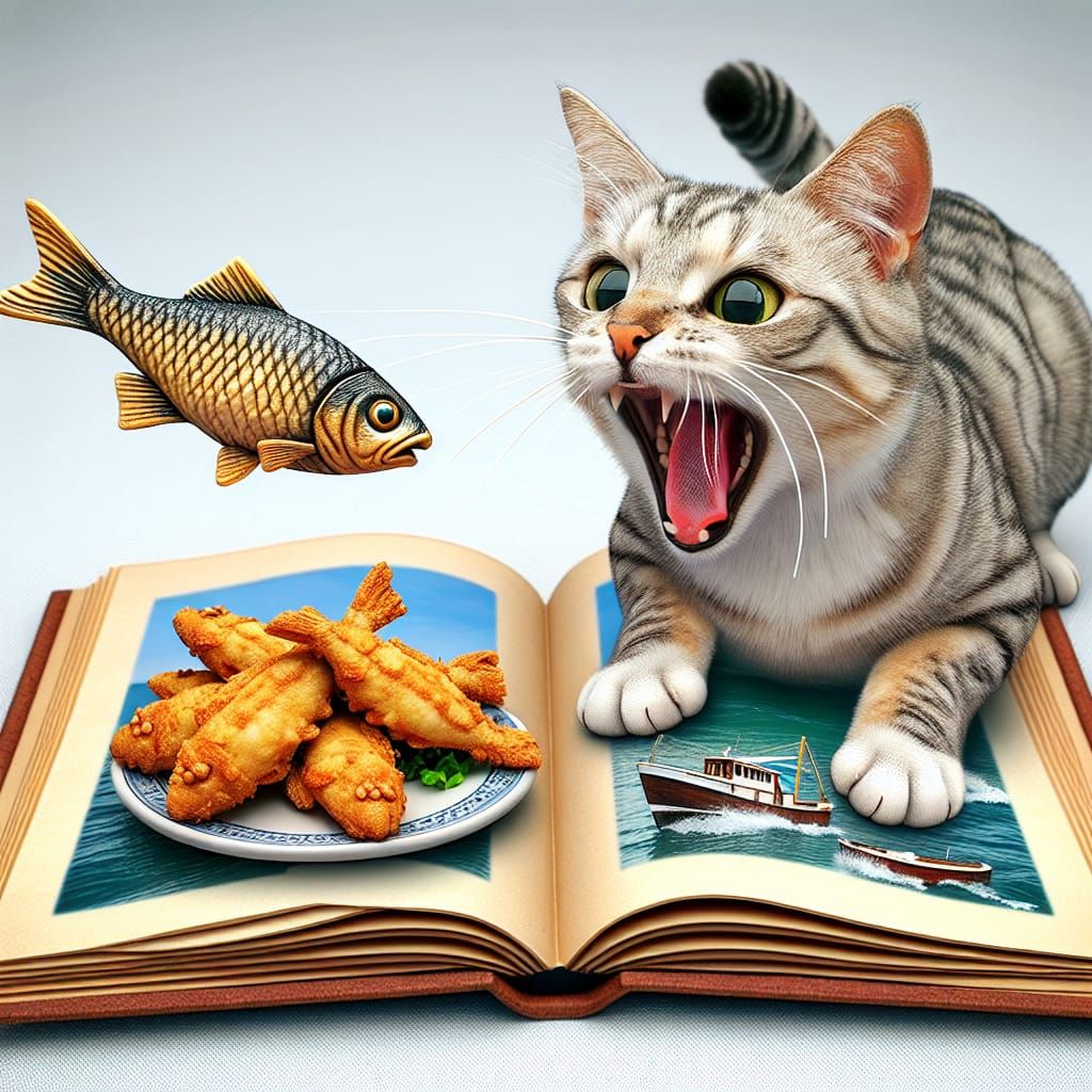 Cat Leaping for Food in 3D Book Scene