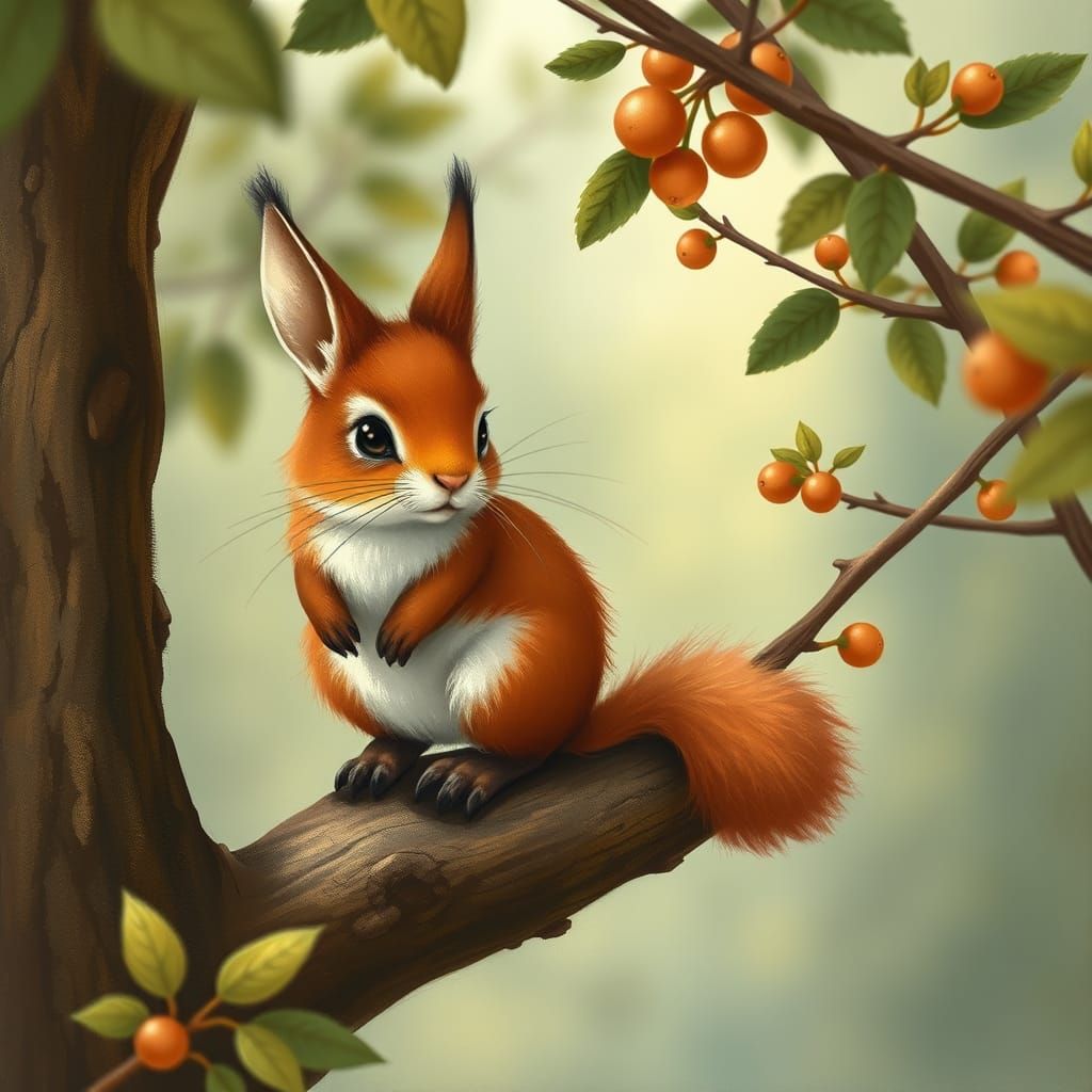 Whimsical Red Squirrel Perched on Tree Branch