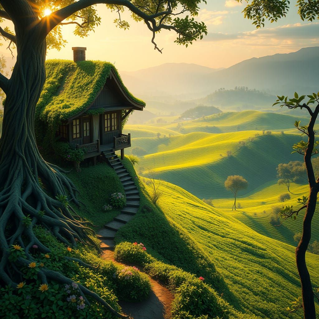 Serene Bungalow Amidst Vibrant Tea Plantation in Whimsical,....