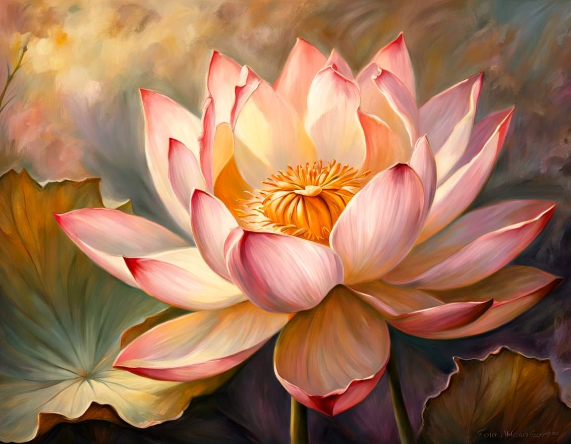 Pink Lotus Flower in Rococo Oil Painting Style