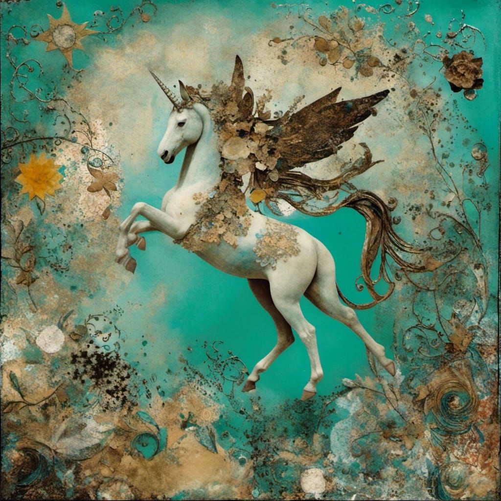 Ethereal Sky Unicorn Collage Mixed Media Illustration