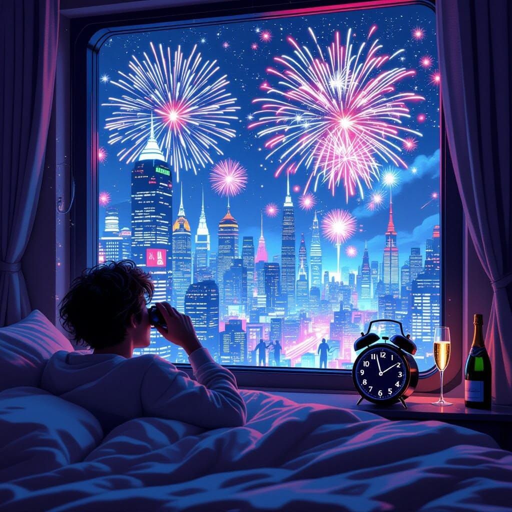 Futuristic New Year's Eve Celebration in Neon Cityscape