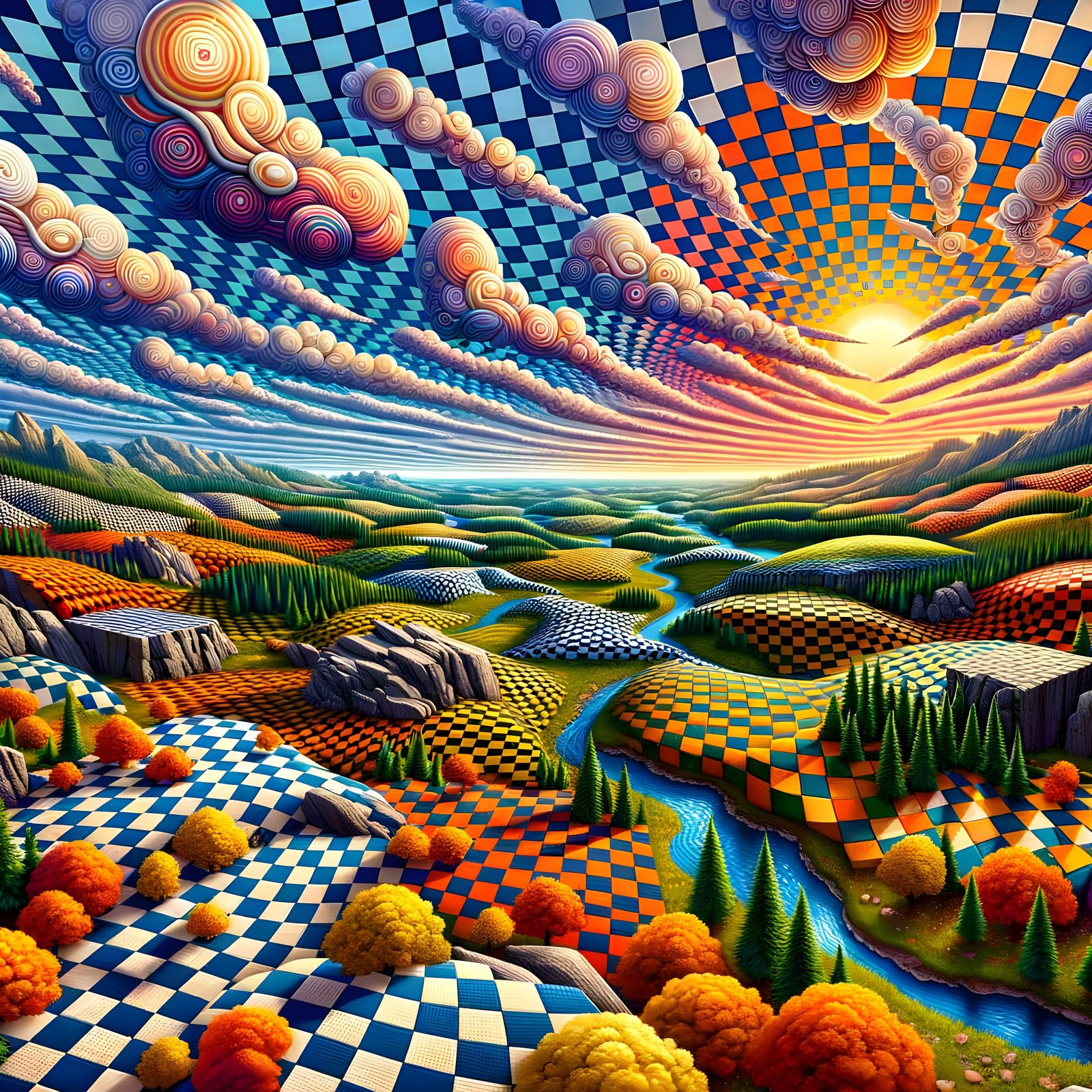 Gingham Landscape with Geometric Harmony