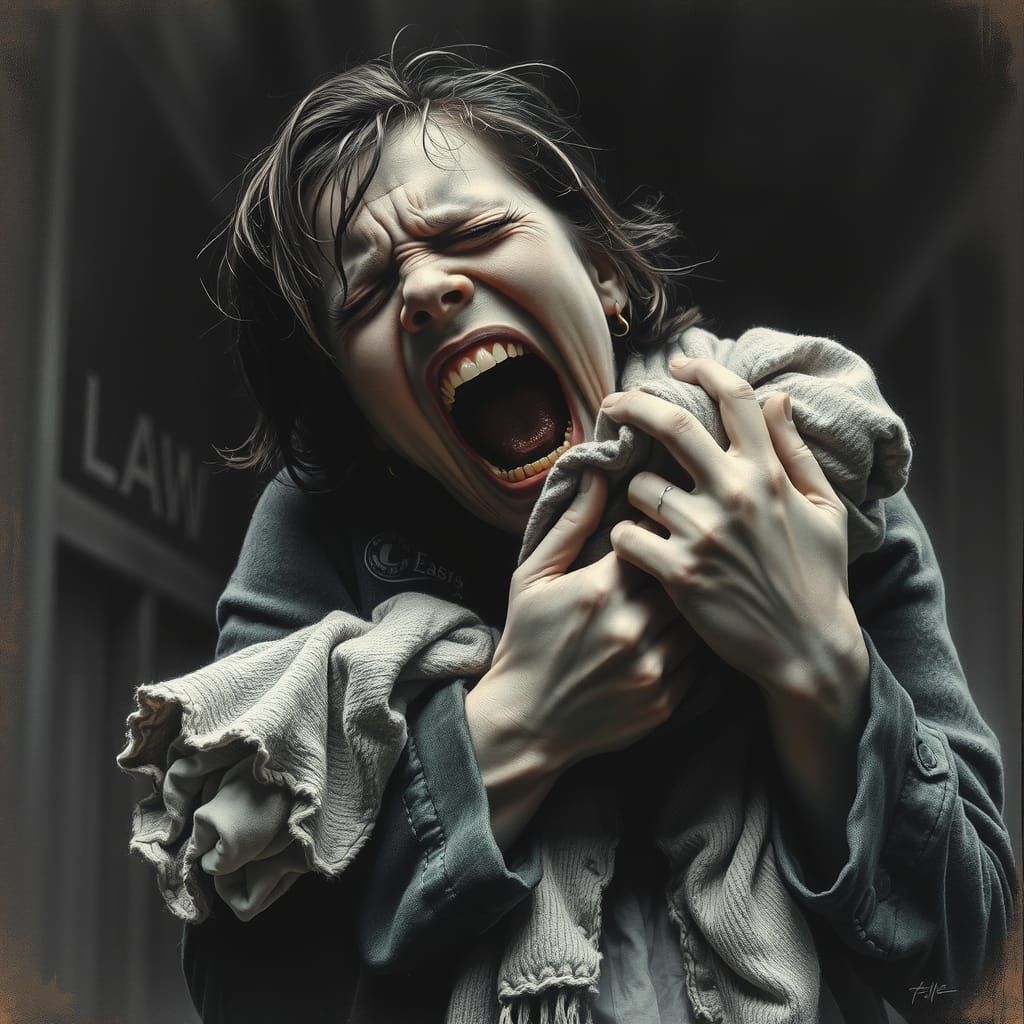 Distressed Woman Screaming in Charcoal Style