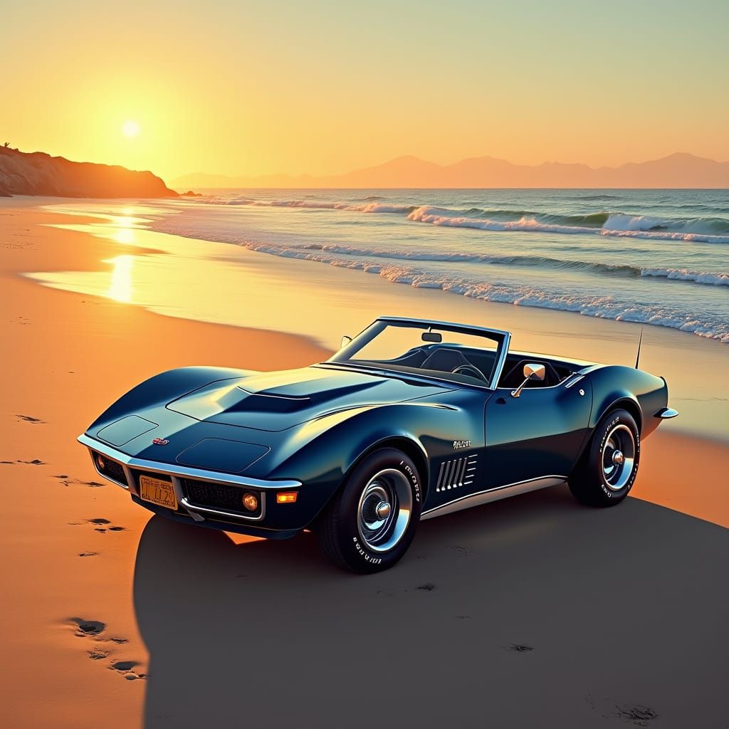 Midnight Blue Corvette Convertible on Beach at Sunset
