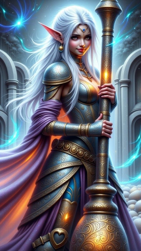 Platinum-Haired Warrior Woman Victorious in Mystical Storm