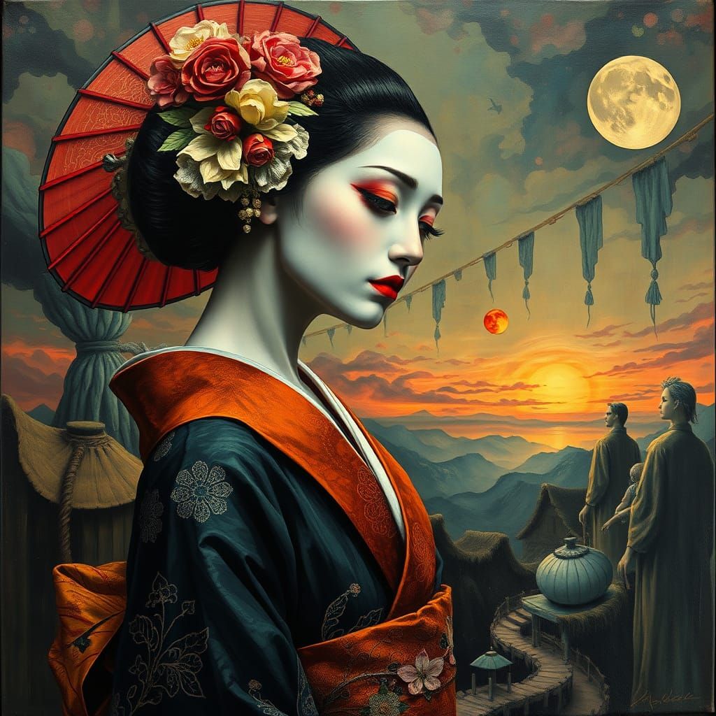 Surreal Geisha in Dreamlike Landscape