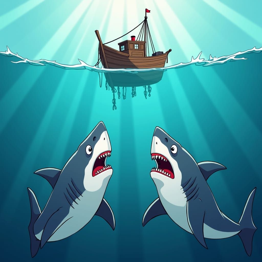 Terrified Sharks Cartoon Staring at Fishing Boat