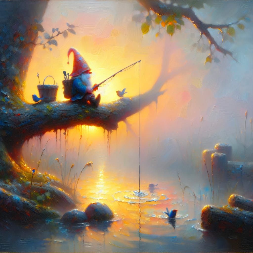 Whimsical Gnome Fishing at Dawn in Impasto Style