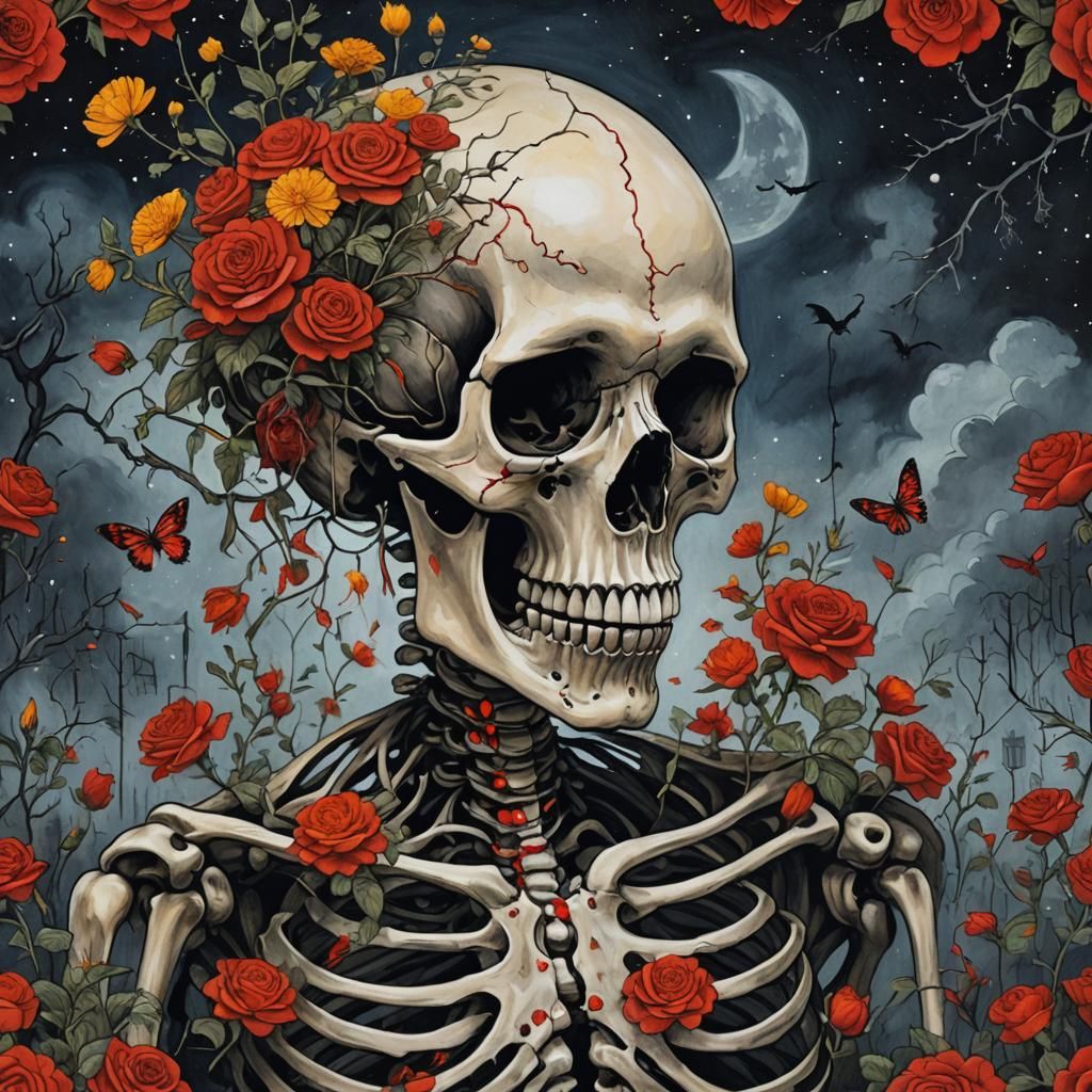 Skeleton with Roses and Marigolds in Nightscape