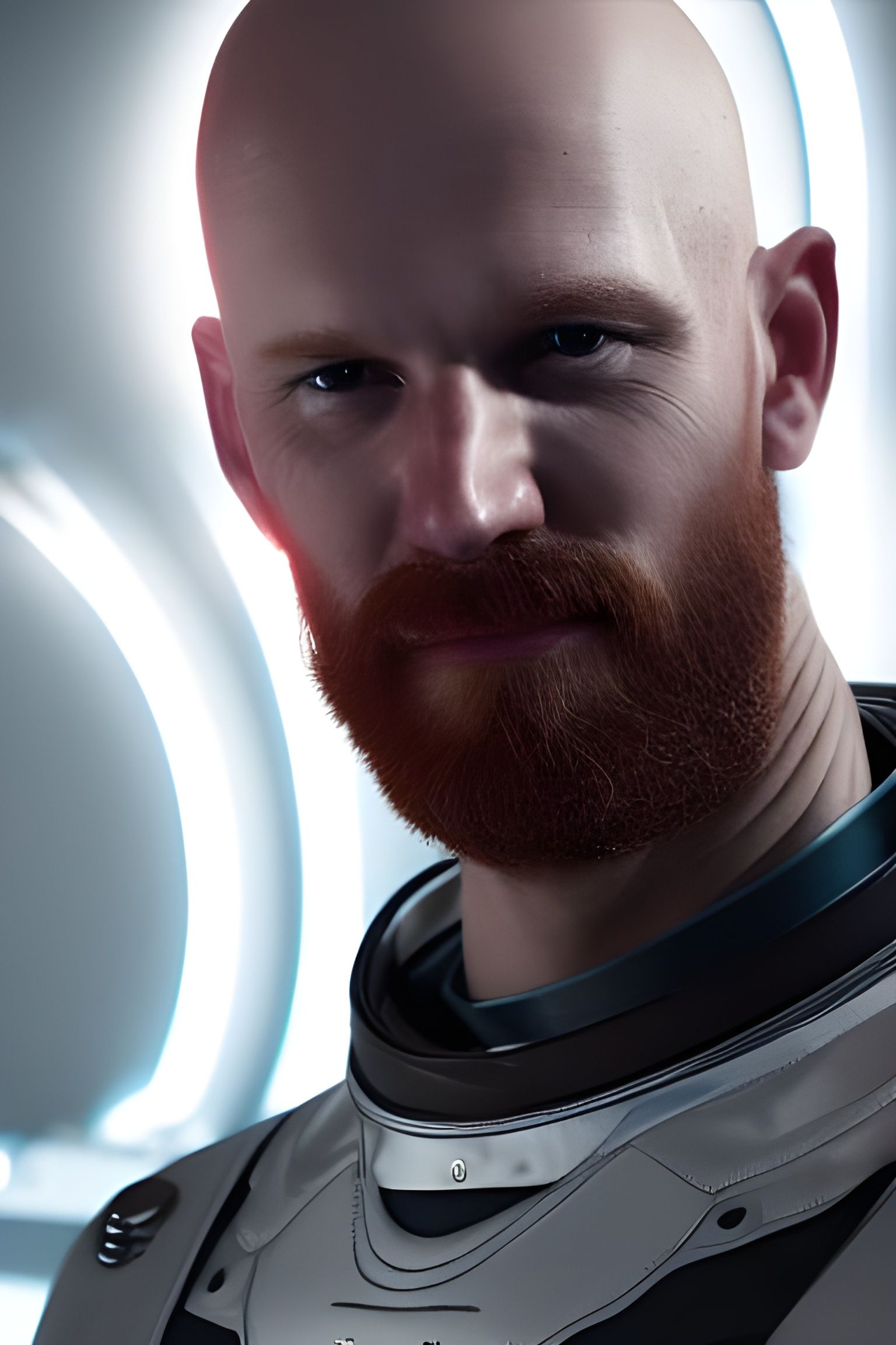Hyperrealistic Sci-Fi Portrait of Bald Bearded Man