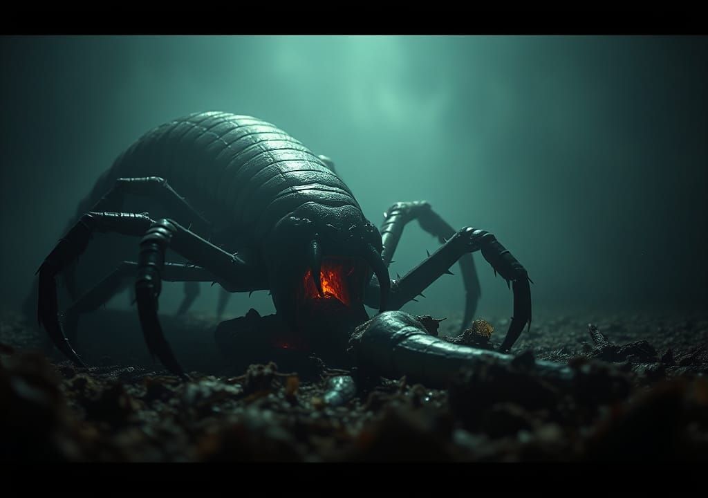 Giant Centipede Devouring Prey in Dark Mist