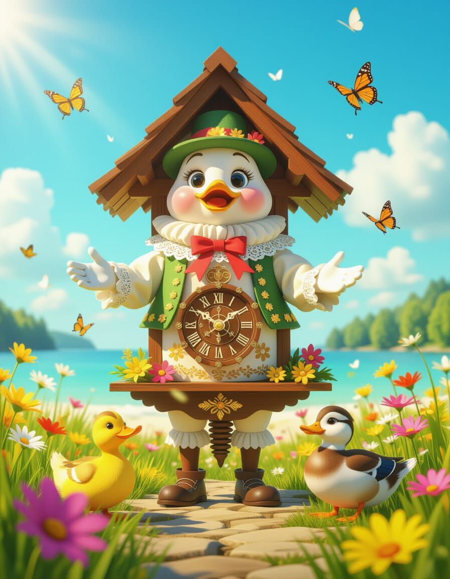 Bavarian Cuckoo Clock in Sunny Meadow, 3D Render