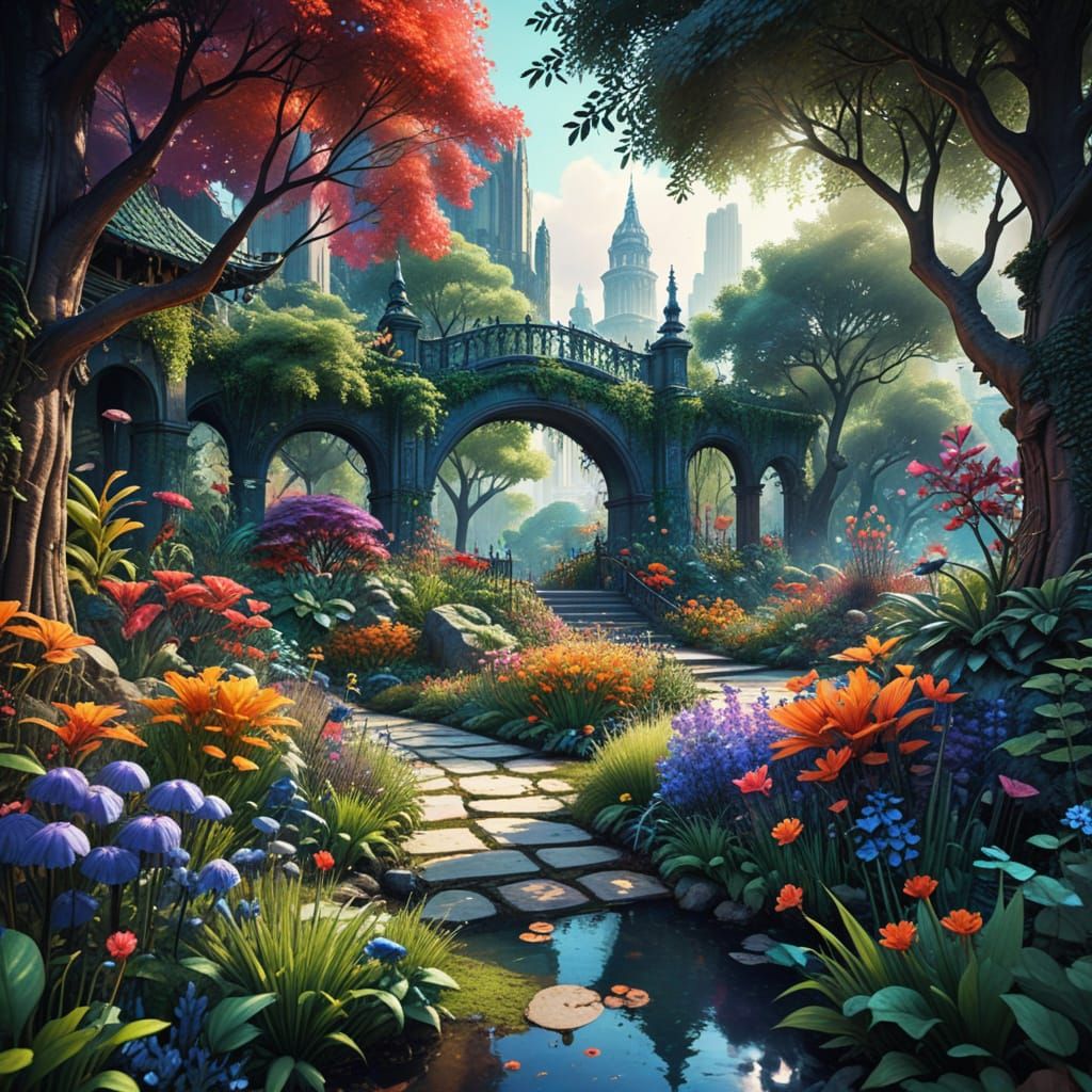 Vibrant Urban Utopia in Watercolor Ink Drawing