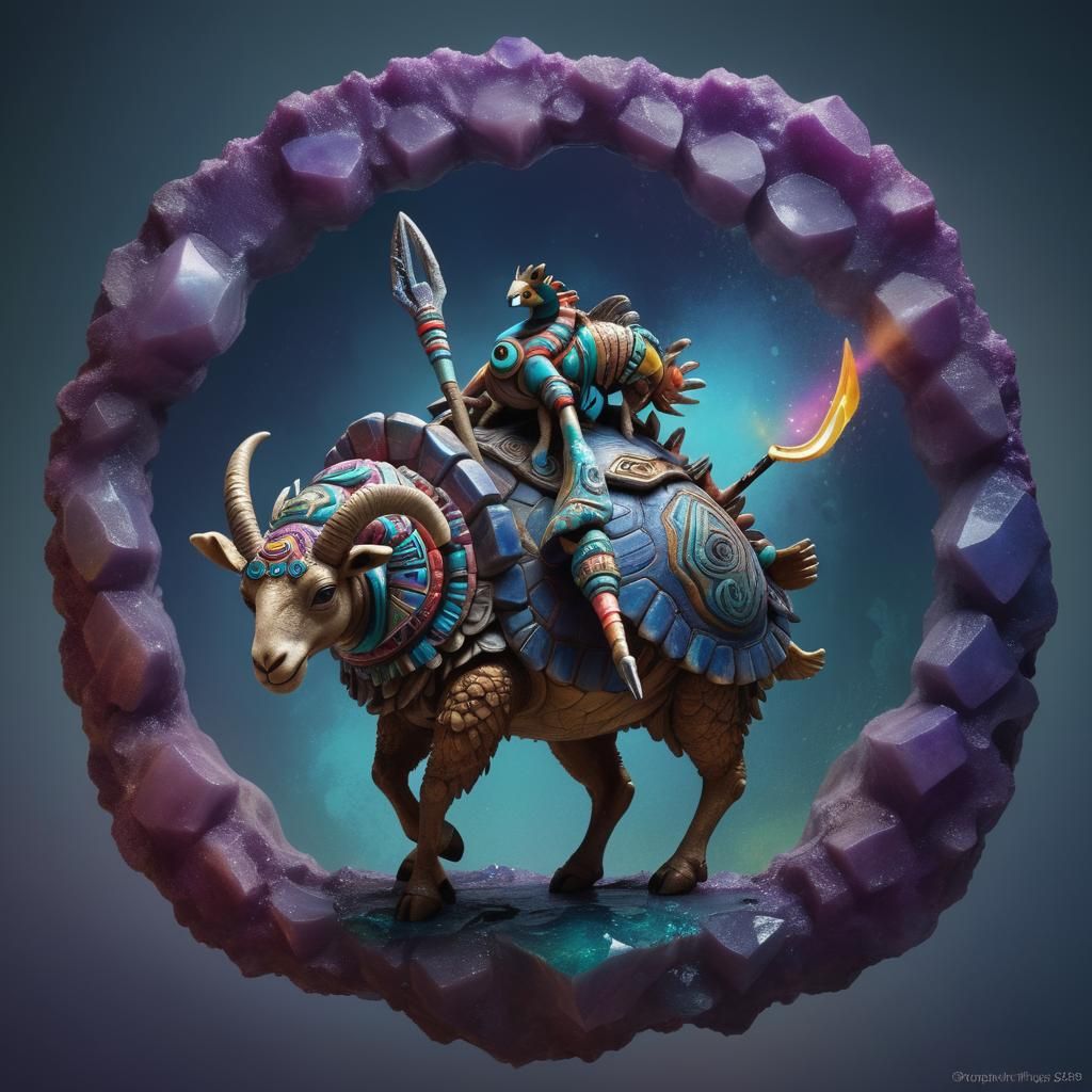 Aztec Ibex and Tortoise with Trident, Fantasy Art