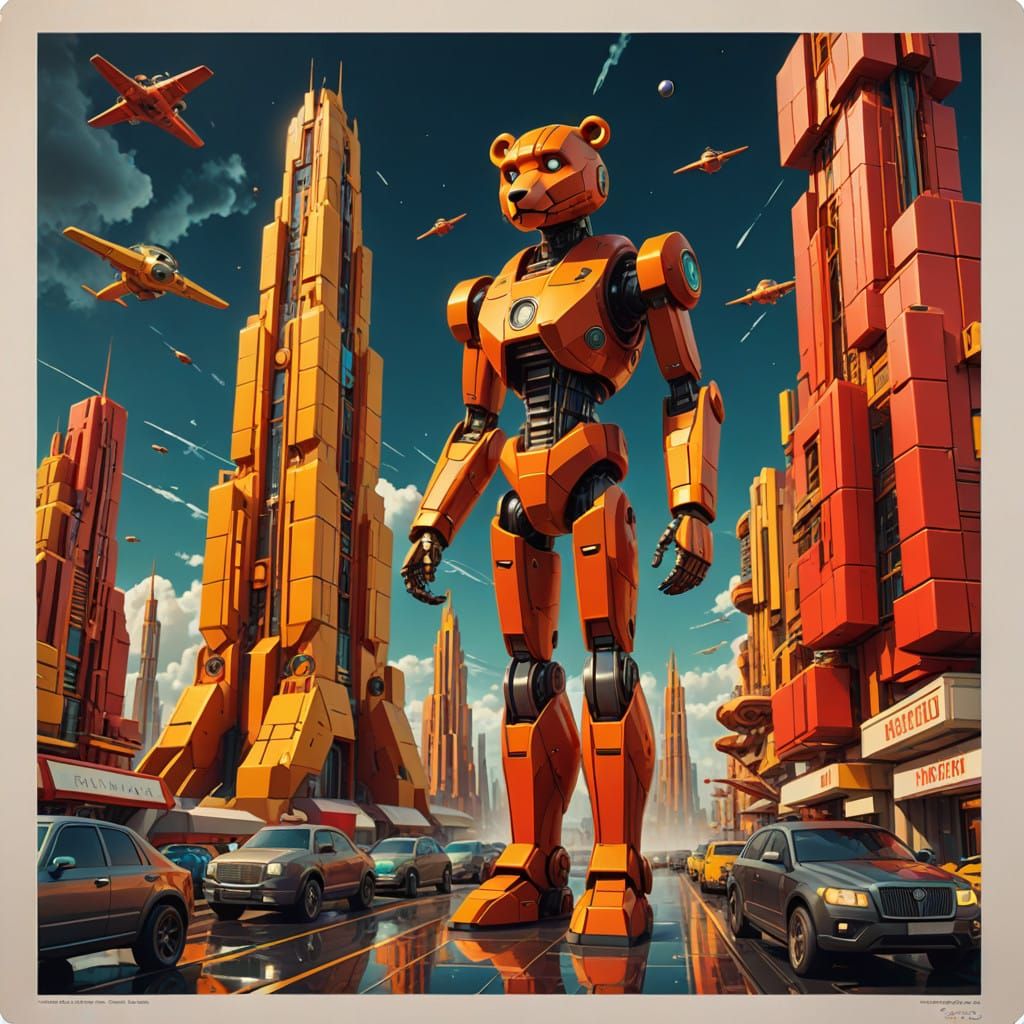 Vintage Futuristic Retro Teddy Bear in a Bustling Art Deco C...