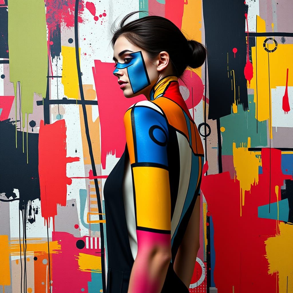 Woman Blended into Geometric Artwork in Vibrant Colors