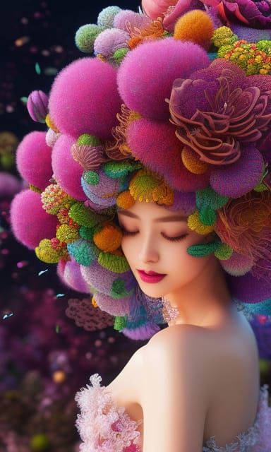 Laughing Woman in Floral Mycelium Network: Anime Style