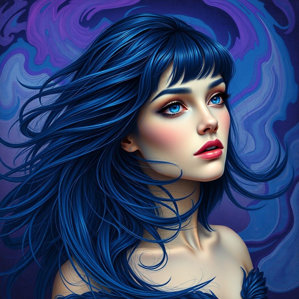 Ethereal Blue Haired Enchantress in Dreamlike Blurple Hues