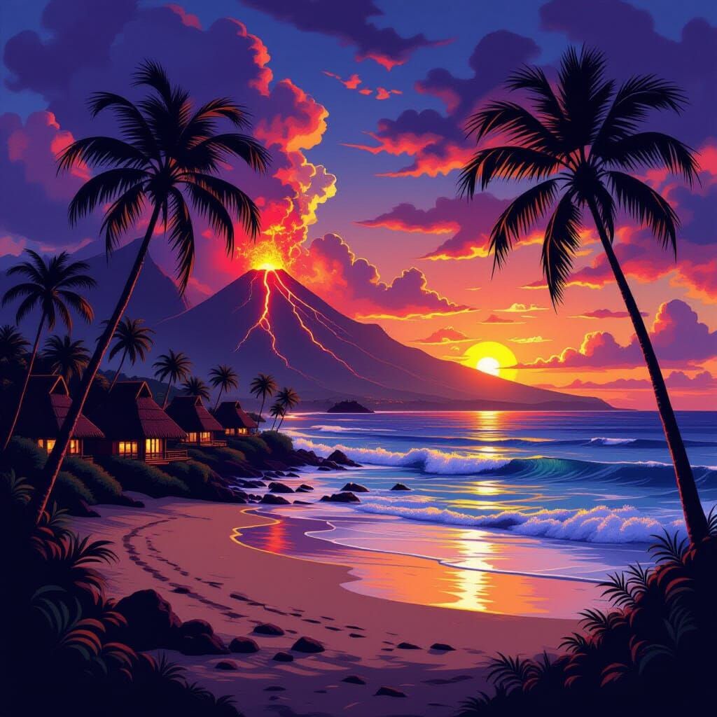 Hawaiian Sunset Volcano Eruption Digital Matte Painting
