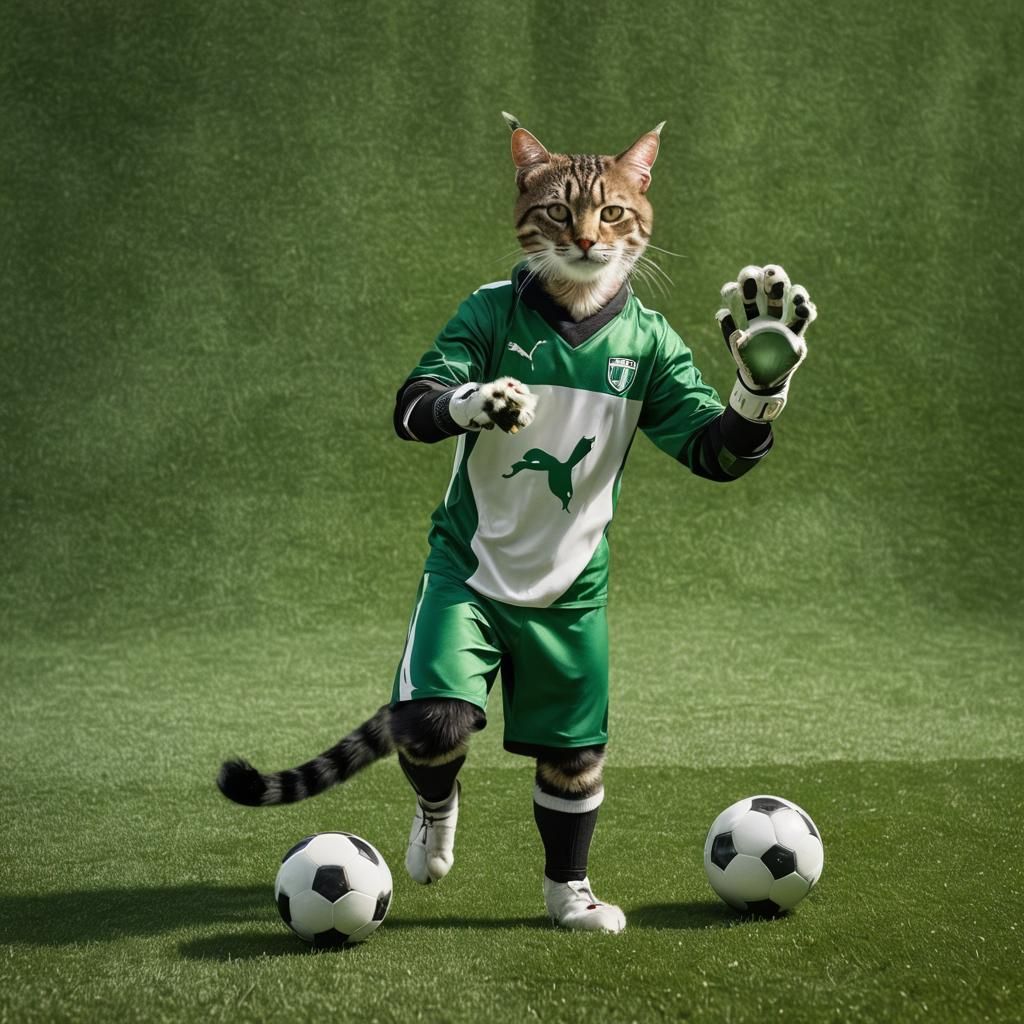 Football Cat Juggling Soccer Ball: Realistic Oil Painting